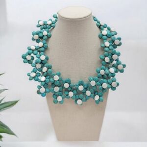 Artisan Real Turquoise & MOP Daisy Collar Necklace Blue White Silvertone 20"